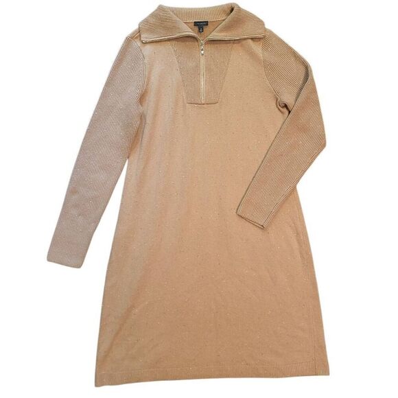 Talbots Sweater Dress Women's Medium Tan Zip Collar Tweed Knee Length Knit - Picture 1 of 6